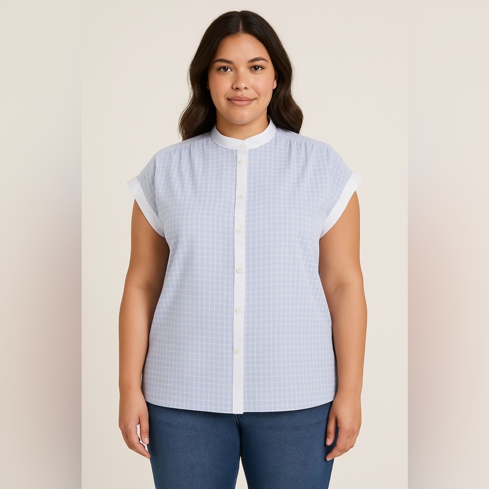 Vintage C&A Blue Checkered Blouse Mandarin Collar Short Sleeve ButtonDown Top 14